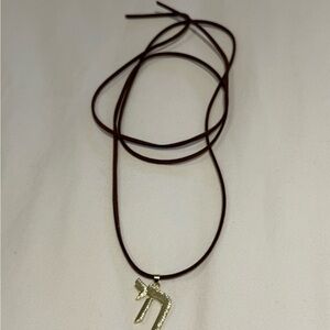 Gold Chai Hebrew Pendant on Brown Cord String Necklace 18K Real Gold Plated